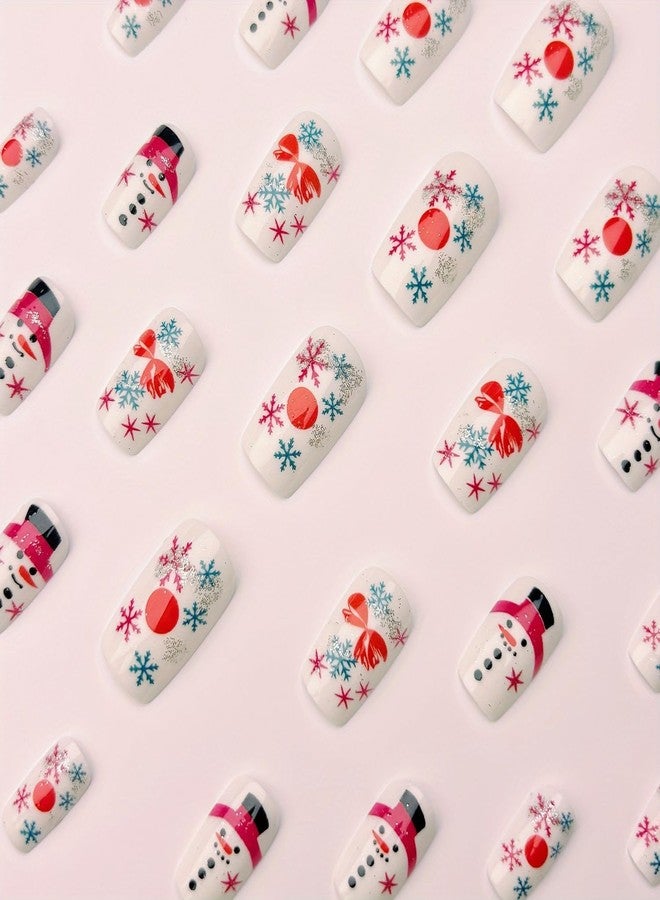 OCOUYVD Christmas Press on Nails Short Square Fake Nails with Snowflake Designs Full Cover Winter Xmas Snowman Acrylic Stick on Nails Silver Glitter False Nails for Women Holidy Manicure Art 24 Pcs - Image 2